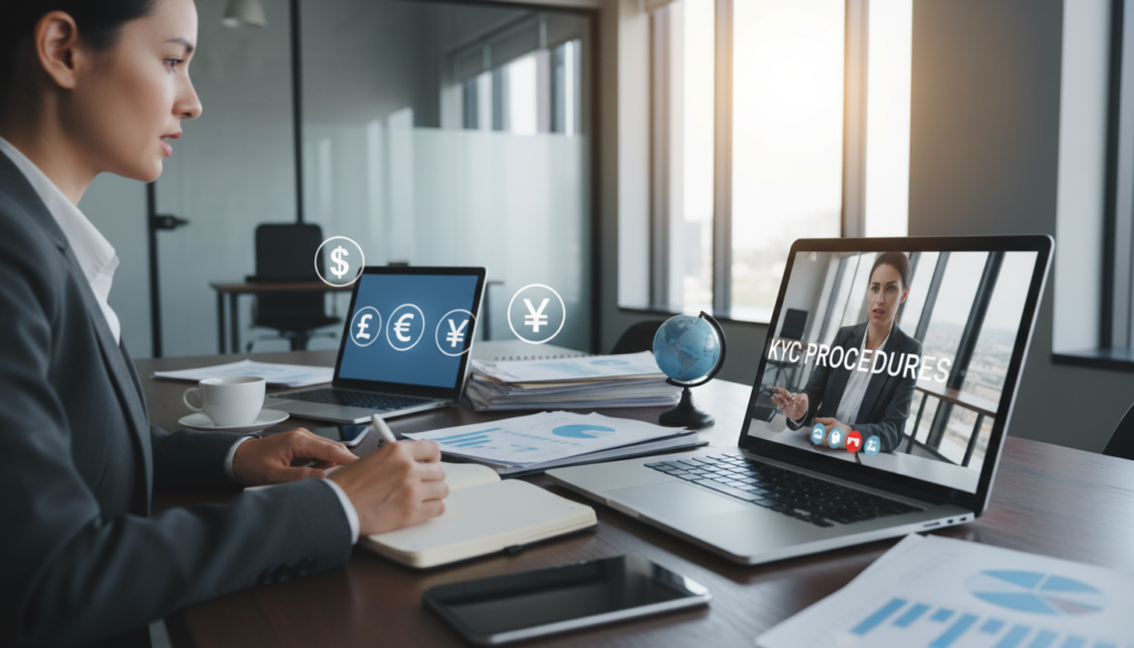 A photorealistic image depicting a multi-currency account, featuring a sleek, modern office desk cluttered with digital devices displaying various currency symbols (dollars, euros, yen, pounds) on their screens. In the foreground, a professional, well-dressed individual (male or female) is engaged in a video call on a laptop, discussing KYC (Know Your Customer) procedures, with a focused and determined expression. The middle ground showcases piles of documents organized neatly, along with a smartphone and financial reports. The background is a softly lit office space with large windows allowing natural light to filter in, creating a bright and professional atmosphere. The overall mood is one of efficiency and innovation, with a slight hint of urgency. A photorealistic image depicting a multi-currency account, featuring a sleek, modern office desk cluttered with digital devices displaying various currency symbols (dollars, euros, yen, pounds) on their screens. In the foreground, a professional, well-dressed individual (male or female) is engaged in a video call on a laptop, discussing KYC (Know Your Customer) procedures, with a focused and determined expression. The middle ground showcases piles of documents organized neatly, along with a smartphone and financial reports. The background is a softly lit office space with large windows allowing natural light to filter in, creating a bright and professional atmosphere. The overall mood is one of efficiency and innovation, with a slight hint of urgency.