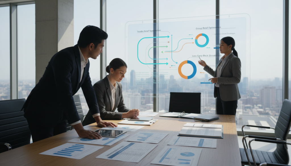 A photorealistic image depicting a professional business setting with a diverse group of three people engaged in a focused discussion around a large conference table. In the foreground, a male and a female consultant, both in smart business attire, review financial documents and spreadsheets showcasing numbers and graphs related to taxable income management. The middle ground features a large digital screen displaying visual representations of group relief and loss carry-back strategies, illustrated with colorful graphs and arrows. In the background, a modern office with large windows showcasing a cityscape, bright natural light illuminating the scene, creating an atmosphere of collaboration and strategic planning. The overall mood is focused and professional, emphasizing effective tax strategies for small and medium enterprises.