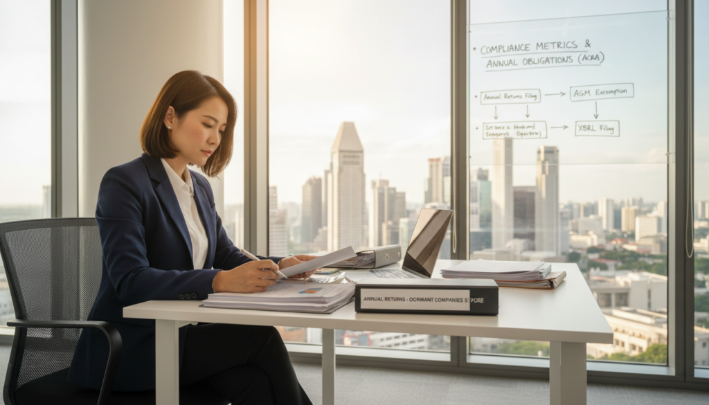 A photorealistic image depicting a professional office environment focused on annual returns for dormant companies in Singapore. In the foreground, a business professional in smart attire is analyzing financial documents and reports on a sleek desk, surrounded by a laptop, a calculator, and stacks of paperwork. In the middle ground, a large window reveals an iconic Singapore skyline, with modern architecture bathed in soft, natural daylight, creating an optimistic atmosphere. The background features a whiteboard with charts and graphs illustrating compliance metrics and annual obligations, enhancing the theme of corporate diligence. The composition is well-lit, with a warm and inviting ambiance, emphasizing responsibility and professionalism in finance. A photorealistic image depicting a professional office environment focused on annual returns for dormant companies in Singapore. In the foreground, a business professional in smart attire is analyzing financial documents and reports on a sleek desk, surrounded by a laptop, a calculator, and stacks of paperwork. In the middle ground, a large window reveals an iconic Singapore skyline, with modern architecture bathed in soft, natural daylight, creating an optimistic atmosphere. The background features a whiteboard with charts and graphs illustrating compliance metrics and annual obligations, enhancing the theme of corporate diligence. The composition is well-lit, with a warm and inviting ambiance, emphasizing responsibility and professionalism in finance.