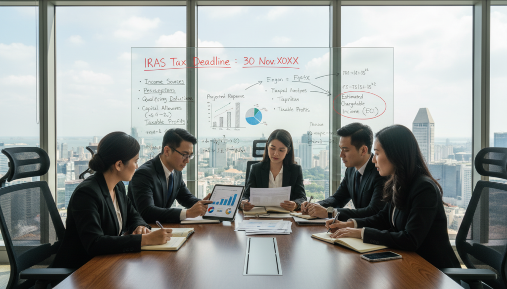 A photorealistic image depicting a professional office setting focused on estimating chargeable income for corporate tax in Singapore. In the foreground, a diverse group of business professionals, dressed in smart business attire, are gathered around a sleek conference table, examining financial documents and a digital tablet displaying charts. In the middle ground, a large window allows natural light to flood the room, highlighting a modern cityscape of Singapore beyond. The background features a whiteboard filled with financial formulas and deadlines, subtly emphasizing corporate tax planning. The mood is collaborative and attentive, with a hint of urgency, reflecting the importance of meeting IRAS tax deadlines. The overall atmosphere conveys professionalism and precision, suitable for a corporate environment.