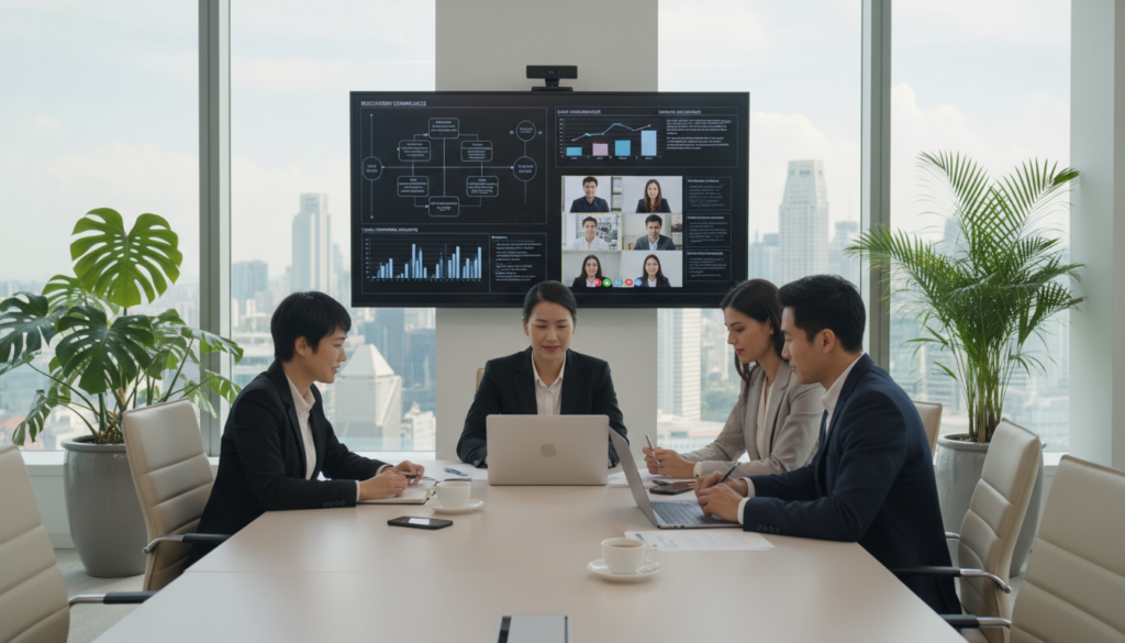 A photorealistic image depicting a remote board meeting set in a modern, well-lit Singapore office. In the foreground, a diverse group of three business professionals—two men and one woman—are engaged in a video conference on a sleek laptop, dressed in professional business attire. Their expressions convey focus and collaboration as they look towards the screen. In the middle, a large digital display shows visuals and charts related to legal documents and compliance requirements, enhancing the meeting's formal atmosphere. The background features a stylish office space with tropical plants and a city skyline view through large windows, representing Singapore's vibrant business environment. Soft, natural light fills the room, creating a productive and professional atmosphere.