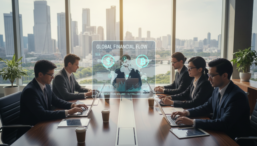 A photorealistic image depicting an international transfer scenario. In the foreground, a diverse group of professionals in business attire, including men and women of various ethnicities, are gathered around a sleek, modern conference table with laptops and digital devices displaying financial graphs and data. In the middle ground, a large digital screen showcases global currency symbols and transfer statistics, emphasizing the flow of money between countries. The background features a stylish, well-lit office space with large windows displaying a city skyline and greenery. Soft, natural lighting from the windows creates a warm, focused atmosphere, highlighting teamwork and efficiency in managing international banking operations. The scene conveys a sense of professionalism, innovation, and financial control.