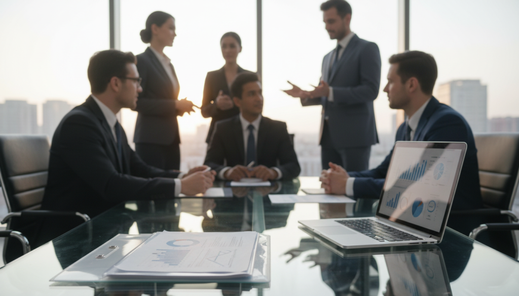 A photorealistic image depicting the concept of transparency in a business context. In the foreground, a glass conference table reflects a soft light, symbolizing openness and clarity. A close-up of a transparent document folder and a sleek, modern laptop, both representing data and reporting, rest on the table. In the middle ground, blurred figures of diverse professionals in business attire engage in discussion, their expressions focused and collaborative, aiming for transparency in ownership. In the background, large windows reveal a city skyline bathed in the warm glow of an afternoon sun, creating an optimistic atmosphere. The lighting is bright and inviting, enhancing the sense of clarity and transparency, capturing the essence of communication and trust in the financial industry.