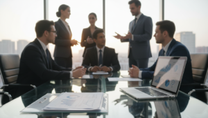 A photorealistic image depicting the concept of transparency in a business context. In the foreground, a glass conference table reflects a soft light, symbolizing openness and clarity. A close-up of a transparent document folder and a sleek, modern laptop, both representing data and reporting, rest on the table. In the middle ground, blurred figures of diverse professionals in business attire engage in discussion, their expressions focused and collaborative, aiming for transparency in ownership. In the background, large windows reveal a city skyline bathed in the warm glow of an afternoon sun, creating an optimistic atmosphere. The lighting is bright and inviting, enhancing the sense of clarity and transparency, capturing the essence of communication and trust in the financial industry.