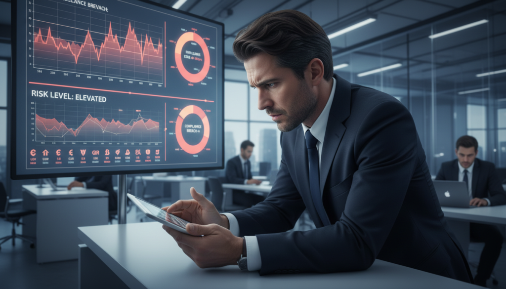 A photorealistic image depicting "transaction risk" in a banking context. In the foreground, a close-up of a worried business professional in formal attire, anxiously reviewing digital transactions on a tablet, with furrowed brows, reflecting concern. In the middle ground, a large screen displays graphs and charts indicating fluctuating risks, along with icons of currency exchanges. The background features a modern bank office with sleek furniture and soft, ambient lighting that conveys a sense of urgency and seriousness. The scene is shot from a slight low angle, emphasizing the screens and the business professional's focused expression. The atmosphere is tense yet professional, capturing the essence of compliance challenges faced by foreign banking clients.