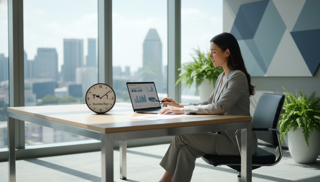 A photorealistic image featuring a modern corporate office environment focused on the theme of bank account timeframes. In the foreground, a professional-looking businesswoman in formal attire is seated at a sleek desk, reviewing documents and charts on a laptop, illustrating the process of account setup. In the middle ground, a large window reveals a vibrant city skyline of Singapore, showcasing iconic skyscrapers under bright daylight. On the desk, a stylish clock subtly emphasizes the theme of time management. The background includes soft-focus elements like potted plants and abstract art on the walls, creating a productive atmosphere. The lighting is bright and natural, conveying a sense of clarity and professionalism, with a slight depth of field to draw attention to the subject and the desk.