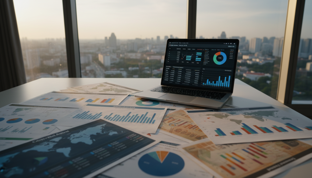 A photorealistic image featuring a modern office desk in the foreground, cluttered with multi-currency financial reports, charts, and graphs showcasing consolidated financial statements. The reports are printed on high-quality paper, with vibrant colors representing various currencies. In the middle ground, a sleek laptop displays a digital dashboard filled with statistical data and pie charts in multiple currencies. In the background, a large window reveals a panoramic view of Singapore’s skyline during the late afternoon, with warm sunlight streaming in, casting soft shadows across the workspace. The overall atmosphere conveys professionalism and focus, ideal for a financial expert's office environment.
