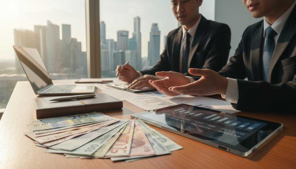 A photorealistic image focusing on multi-currency features for cross-border transactions. In the foreground, display an array of different banknotes from various countries, neatly arranged with a transparent digital tablet displaying currency conversion rates next to them. In the middle ground, include an elegant desk with business professionals in formal attire discussing financial documents, emphasizing collaboration and strategy. In the background, softly blurred city skyline from Singapore to convey a business environment. Natural light streams in through a window, creating a warm and inviting atmosphere. Capture the professionalism and dynamic nature of international finance, ensuring all elements are cohesive and relevant to multi-currency transactions without any text or distractions.