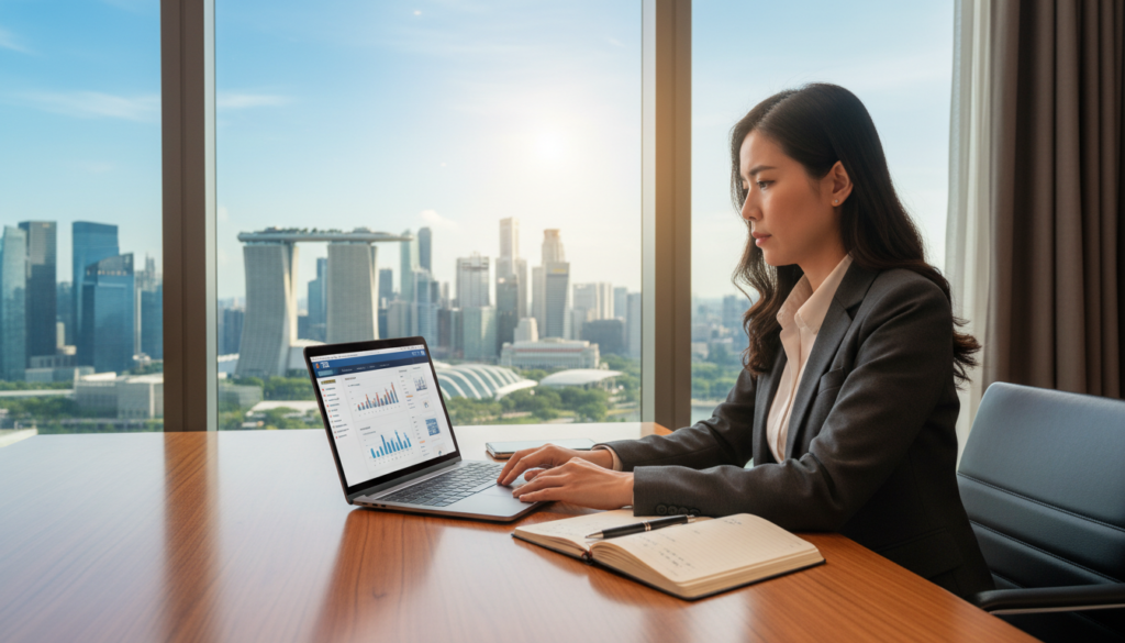 A photorealistic image illustrating banking services, featuring a sleek, modern workspace in the foreground. On a polished wooden desk, there’s a laptop displaying a banking website, with an open notebook and a pen nearby. A person dressed in smart business attire, a mid-30s Asian woman, is seated at the desk, engaged in an online banking process, looking focused and determined. In the middle background, a large window reveals a bright cityscape of Singapore with iconic skyscrapers under a clear blue sky, conveying an atmosphere of opportunity and progress. Soft, natural lighting illuminates the scene, enhancing the sense of professionalism and innovation in banking services offered remotely.