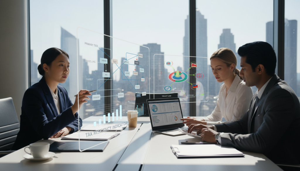 A photorealistic image illustrating "tax residency indicators," showcasing a diverse group of four professionals analyzing documents around a stylish conference table in a modern office setting. In the foreground, a focused Asian businesswoman in a smart blazer points to a chart filled with graphs indicating tax residency factors. In the middle ground, an African man in a tailored suit examines a laptop displaying financial data, while a Caucasian woman and a South Asian man discuss legislation represented by colorful infographics. The background features large windows with a city skyline, providing natural daylight that highlights the intense atmosphere of collaboration and strategic planning. The overall mood conveys professionalism and diligence in tax management. A photorealistic image illustrating "tax residency indicators," showcasing a diverse group of four professionals analyzing documents around a stylish conference table in a modern office setting. In the foreground, a focused Asian businesswoman in a smart blazer points to a chart filled with graphs indicating tax residency factors. In the middle ground, an African man in a tailored suit examines a laptop displaying financial data, while a Caucasian woman and a South Asian man discuss legislation represented by colorful infographics. The background features large windows with a city skyline, providing natural daylight that highlights the intense atmosphere of collaboration and strategic planning. The overall mood conveys professionalism and diligence in tax management.