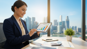 A photorealistic image illustrating the concept of capital gains in a professional business setting. In the foreground, a well-dressed businesswoman stands confidently with a tablet in hand, analyzing graphs showing upward trends in capital gains. In the middle ground, a modern office desk is adorned with financial reports, a calculator, and a small potted plant, symbolizing growth. The background features a large window with a view of Singapore's skyline, showcasing iconic skyscrapers under a bright blue sky. The lighting is warm and inviting, creating a productive atmosphere. The overall mood conveys professionalism, strategic planning, and optimism for investment and business exit strategies.