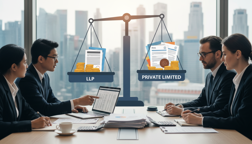 A photorealistic image illustrating the key differences in ownership and tax compliance between an LLP and a Private Limited company in Singapore. In the foreground, a diverse group of three business professionals dressed in smart business attire are engaged in a serious discussion, with a laptop and financial documents on the table. In the middle ground, there are visual representations of a balance scale - one side labeled "LLP" with coins, and the other labeled "Private Limited" with tax documents, symbolizing ownership and compliance disparities. The background features a blurred skyline of Singapore, capturing an urban and modern atmosphere. The lighting is bright and professional, suggesting an informative and analytical mood. The angle is slightly elevated, providing a comprehensive view of the scene.