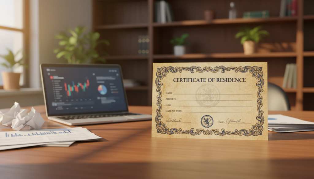 A photorealistic image of a certificate of residence, prominently displayed in the foreground on a polished wooden desk. The certificate features intricate borders and a watermark, highlighting its official nature, with fields for personal information artistically blurred out to maintain privacy. In the middle ground, a blurred laptop and business documents reflect a professional workspace, subtly indicating remote work and financial matters. The background includes a soft-focus view of an office setting with bookshelves and plants, suggesting a calm and focused atmosphere. The lighting is warm and inviting, casting gentle shadows that enhance the document’s texture. The overall mood conveys professionalism and clarity, embodying the theme of official documentation in a business context.
