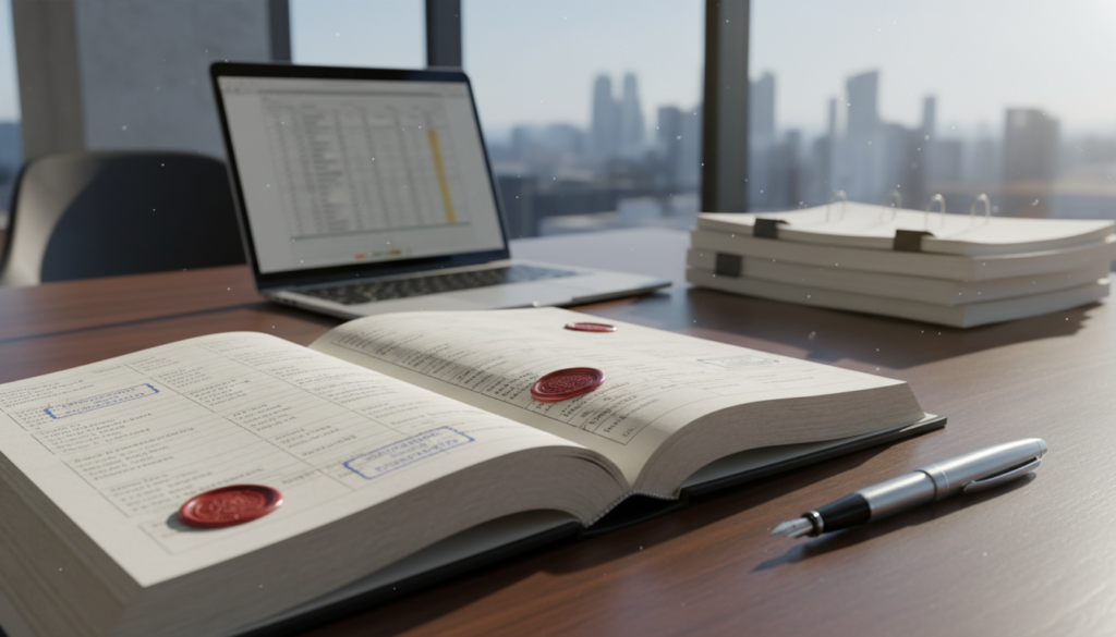 A photorealistic image of a company register set on an elegant wooden desk in a modern office environment. In the foreground, the register is opened, revealing neatly organized pages filled with official company details, all stamped with official seals. To the right, a sleek pen rests beside the register, hinting at the process of compliance and documentation. In the middle ground, blurred out, a tidy stack of business documents is stacked alongside a laptop, symbolizing digital compliance efforts. The background features a large window with natural daylight streaming in, illuminating the scene and creating a calm, professional atmosphere. The overall mood is serious and focused, emphasizing the importance of compliance in business operations. A photorealistic image of a company register set on an elegant wooden desk in a modern office environment. In the foreground, the register is opened, revealing neatly organized pages filled with official company details, all stamped with official seals. To the right, a sleek pen rests beside the register, hinting at the process of compliance and documentation. In the middle ground, blurred out, a tidy stack of business documents is stacked alongside a laptop, symbolizing digital compliance efforts. The background features a large window with natural daylight streaming in, illuminating the scene and creating a calm, professional atmosphere. The overall mood is serious and focused, emphasizing the importance of compliance in business operations.