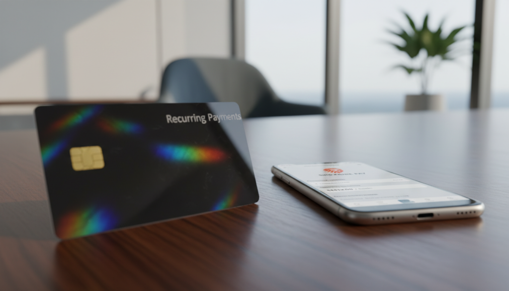A photorealistic image of a modern bank payment card resting on a sleek wooden desk. In the foreground, focus on the card, displaying a glossy finish with subtle holographic elements and a chip, positioned at an angle to catch light. In the middle ground, include a stylish smartphone displaying a payment app interface, next to the card, hinting at digital payment methods. The background features a blurred office environment, with soft natural lighting coming from a nearby window, creating a professional yet inviting atmosphere. Add subtle reflections on the desk surface to enhance realism. The image should evoke trust and sophistication, suited for a business article on recurring billing services in Singapore.
