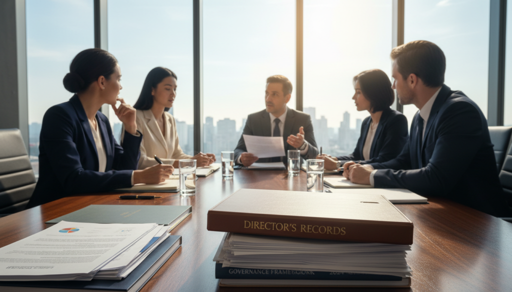 A photorealistic image of a modern boardroom meeting scene, showcasing a large wooden conference table filled with neatly organized director's records and governance documents. In the foreground, a close-up view of a meticulously arranged stack of documents, featuring an elegant leather binder labeled "Director's Records" with golden embossing. In the middle ground, several professionals in business attire discussing and reviewing the records, demonstrating a dynamic and thoughtful atmosphere. The background includes sleek glass windows letting in natural light, illuminating the room with a warm glow, enhancing the collaborative and serious mood of governance decision-making. The image is captured from a slightly elevated angle to show both the documents and the engaged participants.