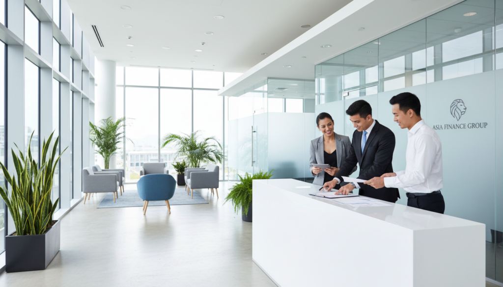A photorealistic image of a modern corporate bank interior, showcasing a welcoming open space designed for account opening consultations. In the foreground, a professional banker in a tailored suit is assisting a diverse group of business professionals, including a woman in a smart blazer and a man in a crisp shirt, both engaged in discussing documents at a sleek, polished reception desk. In the middle ground, large windows bring in natural light, illuminating minimalist furniture and greenery, creating an inviting atmosphere. The background features glass partitions leading to private meeting rooms, with the bank’s logo subtly displayed. The mood is professional yet approachable, emphasizing the supportive environment for new corporate account openings in Singapore.