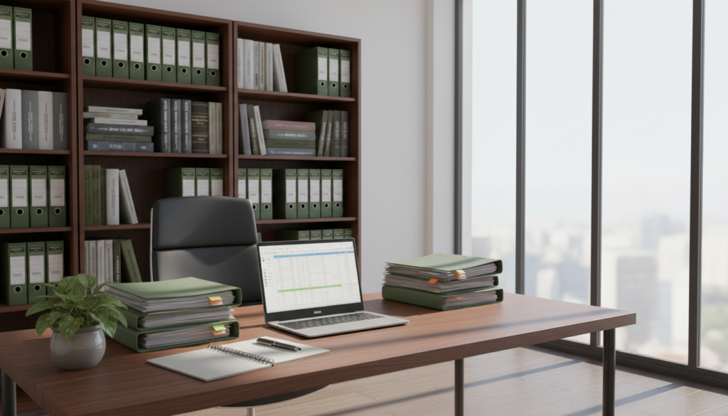 A photorealistic image of a modern office workspace designed for record-keeping, featuring a sleek wooden desk with an open laptop displaying a digital spreadsheet, surrounded by neatly organized files and folders. In the foreground, a small potted plant adds a touch of greenery, while a stylish pen and notepad sit next to the laptop. In the middle ground, a well-stocked bookshelf filled with binders and reference books emphasizes organization and professionalism. In the background, a large window allows soft natural light to fill the room, casting gentle shadows that create a warm and inviting atmosphere. The overall mood conveys efficiency and readiness for an audit, suitable for a virtual office setup.