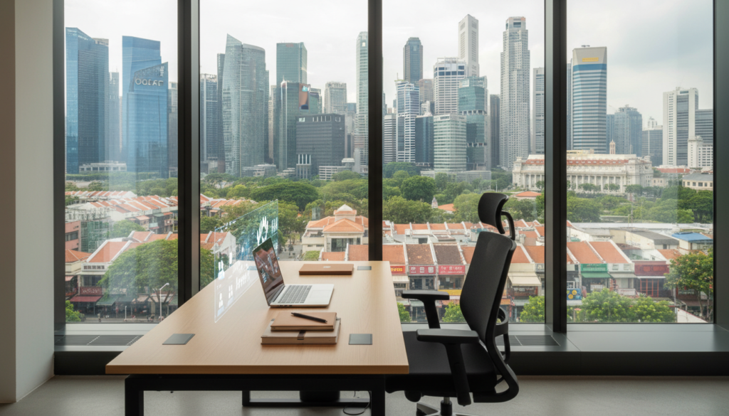 A photorealistic image of a modern virtual office environment situated in a stylish urban setting in Singapore. In the foreground, showcase a sleek, minimalist desk equipped with a high-end laptop, ergonomic chair, and notepads. The middle ground features large glass windows revealing a panoramic view of either the CBD skyline, emphasizing prestige with shimmering skyscrapers, or a vibrant city-fringe scene highlighting diverse local businesses and greenery signifying value. Soft, natural lighting floods the room, creating an inviting atmosphere. Incorporate subtle elements of technology, like digital conferencing tools. The angle should capture both the workspace and the scenic view, offering a sense of professionalism and inspiration.