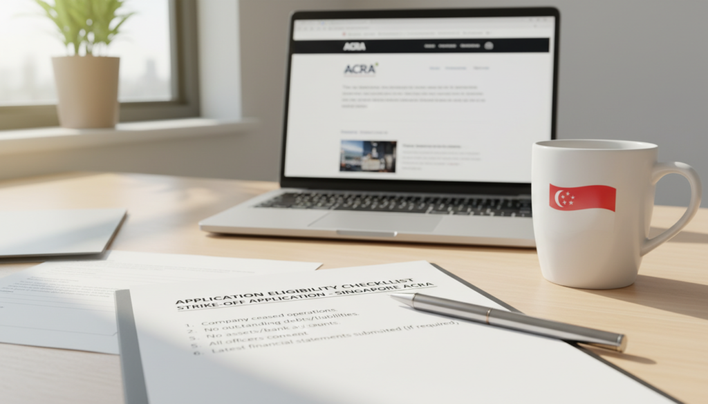 A photorealistic image of a neatly arranged business desk featuring an "Application Eligibility Checklist" for a strike-off application, relevant to Singapore's ACRA. In the foreground, a crisp checklist with bullet points, neatly printed, highlighting eligibility criteria. A sleek pen rests next to the checklist. In the middle, a laptop displaying a corporate website and a coffee mug that bears a subtle Singapore flag design. In the background, soft natural lighting from a nearby window illuminates the workspace, creating a serene and professional atmosphere. The angle is a slightly elevated view, emphasizing the checklist while capturing the essence of an organized and compliant work environment. A photorealistic image of a neatly arranged business desk featuring an "Application Eligibility Checklist" for a strike-off application, relevant to Singapore's ACRA. In the foreground, a crisp checklist with bullet points, neatly printed, highlighting eligibility criteria. A sleek pen rests next to the checklist. In the middle, a laptop displaying a corporate website and a coffee mug that bears a subtle Singapore flag design. In the background, soft natural lighting from a nearby window illuminates the workspace, creating a serene and professional atmosphere. The angle is a slightly elevated view, emphasizing the checklist while capturing the essence of an organized and compliant work environment.