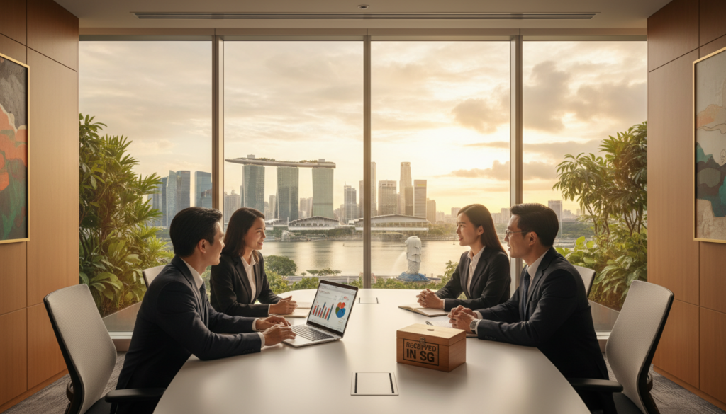 A photorealistic image of a serene business office setting in Singapore, focusing on a modern workspace that embodies the concept of "received in Singapore." In the foreground, a diverse group of professionals in smart business attire are engaged in a discussion around a sleek conference table, featuring a laptop displaying financial data. The middle ground showcases a large window with a stunning view of the iconic Singapore skyline, including Marina Bay Sands and the Merlion, bathed in warm afternoon sunlight. In the background, subtle greenery blends with the urban landscape. The atmosphere should convey professionalism and collaboration, with soft, natural lighting enhancing the inviting feel of the workspace.