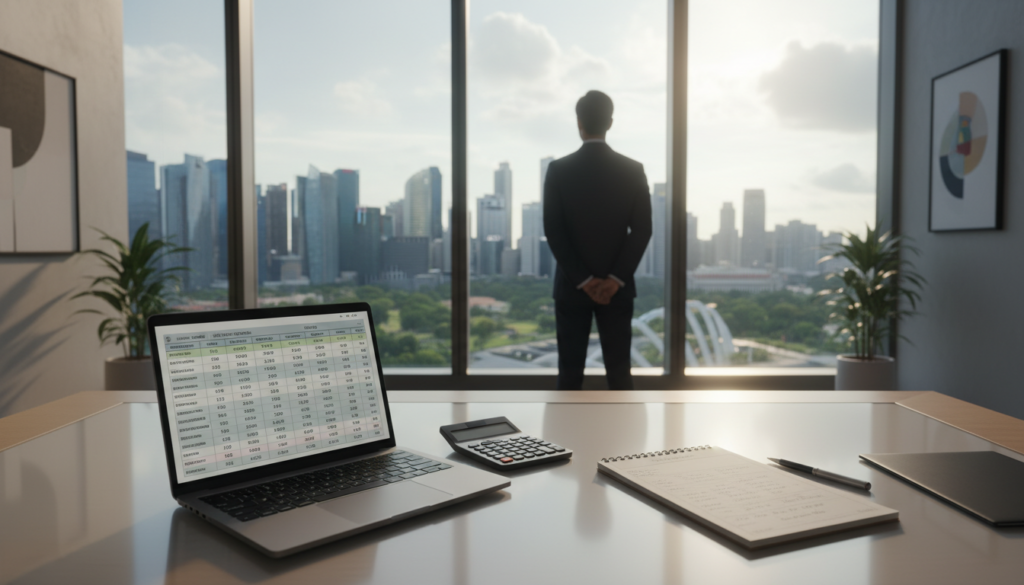 A photorealistic image of an elegant office setting with a focus on a modern desk in the foreground. On the desk, there’s a sleek laptop displaying a spreadsheet with various income figures, alongside a stylish calculator and a notepad filled with financial notes. In the middle ground, a glass window reveals the stunning Singapore skyline, showcasing skyscrapers and greenery to emphasize the city's vibrant economy. Soft, natural light filters through the window, creating a warm and professional atmosphere. The background has a blurred silhouette of a business professional in a tailored suit, symbolizing the concept of tax and income without revealing their features. The overall mood is focused and informative, suitable for a guide on taxation.