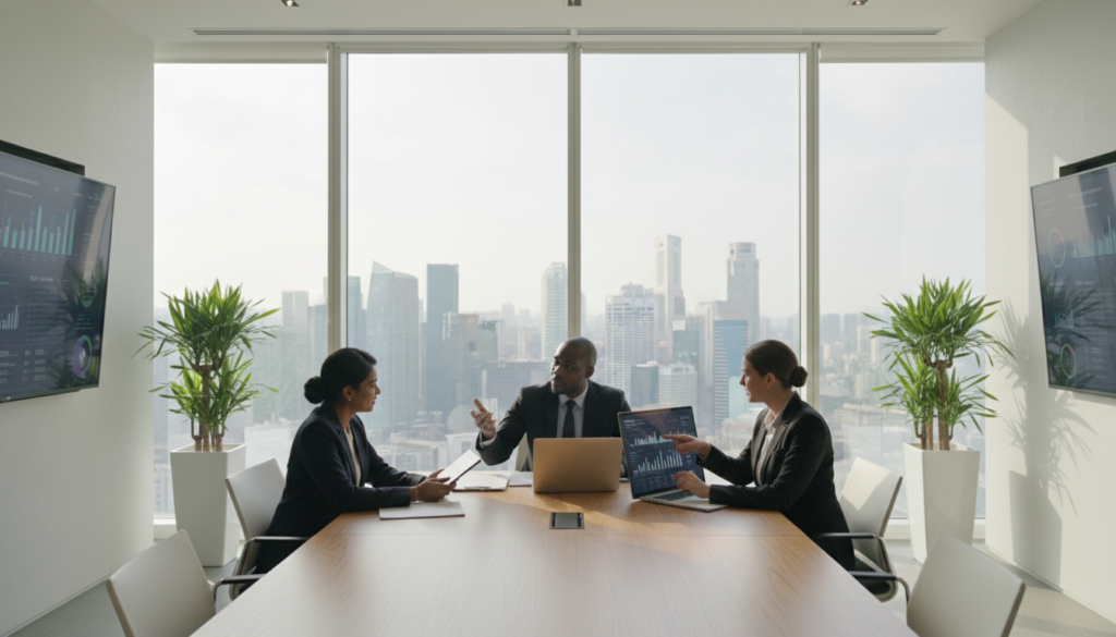A photorealistic image showcasing a modern office scene focused on technology and finance. In the foreground, a diverse group of three professionals, a South Asian woman, a Black man, and a Caucasian woman, dressed in smart business attire, are gathered around a sleek, wooden conference table, analyzing digital devices with graphs and charts displayed. In the middle background, a large window reveals a city skyline of Singapore, infused with soft natural light. The room features contemporary decor, including plants and digital screens highlighting recurring payment metrics. The atmosphere is collaborative and dynamic, symbolizing flexibility and growth in financial services. The angle of the shot is slightly elevated, capturing both the action at the table and the impressive external view. A photorealistic image showcasing a modern office scene focused on technology and finance. In the foreground, a diverse group of three professionals, a South Asian woman, a Black man, and a Caucasian woman, dressed in smart business attire, are gathered around a sleek, wooden conference table, analyzing digital devices with graphs and charts displayed. In the middle background, a large window reveals a city skyline of Singapore, infused with soft natural light. The room features contemporary decor, including plants and digital screens highlighting recurring payment metrics. The atmosphere is collaborative and dynamic, symbolizing flexibility and growth in financial services. The angle of the shot is slightly elevated, capturing both the action at the table and the impressive external view.