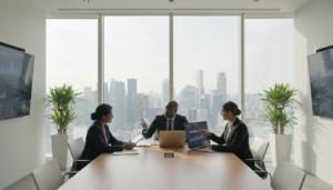 A photorealistic image showcasing a modern office scene focused on technology and finance. In the foreground, a diverse group of three professionals, a South Asian woman, a Black man, and a Caucasian woman, dressed in smart business attire, are gathered around a sleek, wooden conference table, analyzing digital devices with graphs and charts displayed. In the middle background, a large window reveals a city skyline of Singapore, infused with soft natural light. The room features contemporary decor, including plants and digital screens highlighting recurring payment metrics. The atmosphere is collaborative and dynamic, symbolizing flexibility and growth in financial services. The angle of the shot is slightly elevated, capturing both the action at the table and the impressive external view.