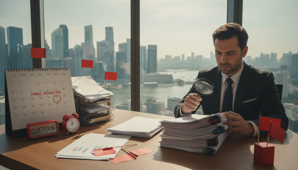 A photorealistic office environment illustrating potential red flags for registered office addresses. In the foreground, a worried business professional in formal attire examines a stack of legal documents, with a distressed expression. The middle layer features a cluttered desk filled with red flags, like a magnifying glass over documents, an alarm clock, and a calendar marked with deadlines. In the background, a large window reveals a bustling cityscape, symbolizing Singapore. Soft, natural lighting filters through the window, creating shadows that enhance the serious mood, while the camera angle focuses on the desk to emphasize the importance of compliance. The overall atmosphere conveys urgency and concern regarding business registration compliance.