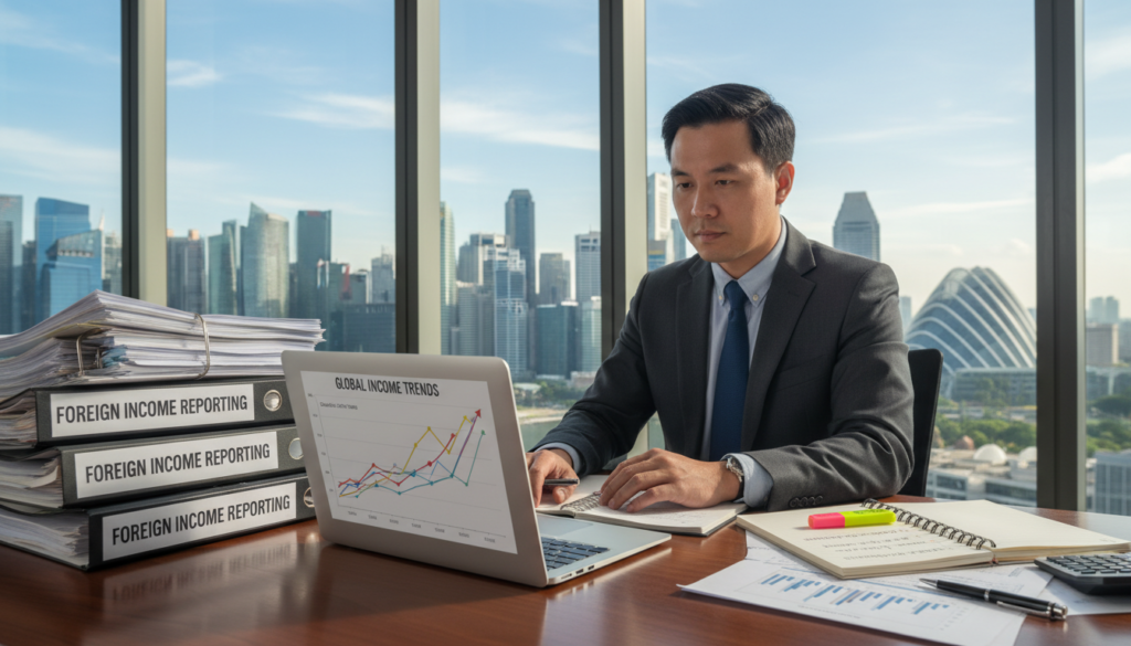 A photorealistic office scene depicting a professional Asian man in business attire, seated at a sleek desk cluttered with papers and documents labeled "Foreign Income Reporting." In the foreground, a laptop screen displays a graph showing income trends. In the middle, an open notebook highlights the words "Income Received in Singapore" with bullet points. The background features a large window showcasing a panoramic view of Singapore’s skyline, with modern skyscrapers under a bright blue sky. Soft natural light pours in, creating an organized and focused atmosphere, reflecting the seriousness of financial reporting. The image should convey diligence and professionalism, capturing the essence of financial management in Singapore.