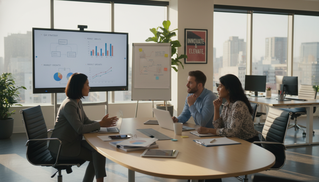 A photorealistic office scene depicting business operations in a modern workspace. In the foreground, a diverse group of three professionals in business attire, including a Southeast Asian woman, a Caucasian man, and a South Asian woman, are engaged in a discussion around a sleek conference table filled with documents and digital devices. The middle ground features a whiteboard with strategic plans and graphs, showcasing a structured environment. In the background, large windows let in natural light, illuminating the modern office decor with plants and motivational posters. The atmosphere is collaborative and focused, highlighting productivity and strategic planning. The lighting is bright yet warm, conveying a sense of positivity and professionalism. A photorealistic office scene depicting business operations in a modern workspace. In the foreground, a diverse group of three professionals in business attire, including a Southeast Asian woman, a Caucasian man, and a South Asian woman, are engaged in a discussion around a sleek conference table filled with documents and digital devices. The middle ground features a whiteboard with strategic plans and graphs, showcasing a structured environment. In the background, large windows let in natural light, illuminating the modern office decor with plants and motivational posters. The atmosphere is collaborative and focused, highlighting productivity and strategic planning. The lighting is bright yet warm, conveying a sense of positivity and professionalism.