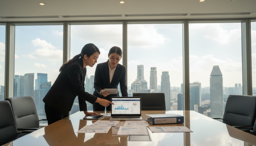 A photorealistic office scene illustrating the concept of payment and compliance. In the foreground, a diverse group of three professionals in smart business attire (two women and one man) is engaged in a focused discussion around a sleek conference table, with a laptop displaying financial graphs and a digital payment interface open. In the middle ground, there are documents related to cross-border transfers and compliance regulations spread out on the table. The background features a glass window revealing a bustling cityscape of Singapore, with banks and skyscrapers. Soft, natural lighting filters through the window, enhancing the professional atmosphere. The composition captures a sense of diligence and collaboration, reflecting the importance of compliance in financial transactions.