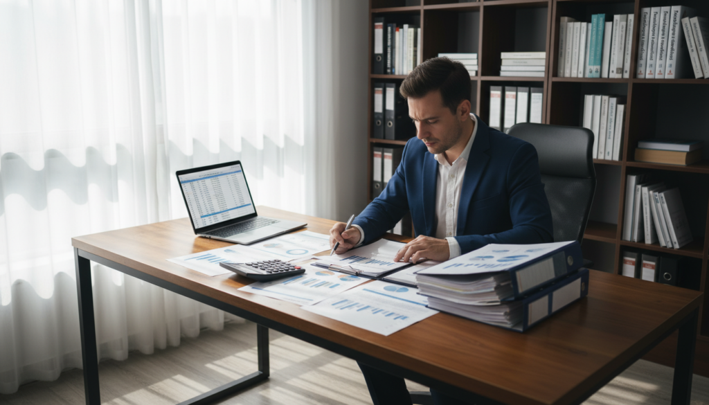 A photorealistic office setting depicting a professional accountant or business analyst in business attire, examining financial documents related to company compliance. In the foreground, a desk cluttered with neatly organized papers, a laptop displaying financial spreadsheets, and a calculator. In the middle ground, a large window floods the space with natural light, casting soft shadows and creating a warm atmosphere. Behind them, a bookshelf filled with financial textbooks and regulation guides, hinting at the complexities of maintaining a dormant company. The overall mood is focused and diligent, reflecting the importance of compliance in financial year processes. The scene is captured from a slightly elevated angle to emphasize the subject's concentration on the task. A photorealistic office setting depicting a professional accountant or business analyst in business attire, examining financial documents related to company compliance. In the foreground, a desk cluttered with neatly organized papers, a laptop displaying financial spreadsheets, and a calculator. In the middle ground, a large window floods the space with natural light, casting soft shadows and creating a warm atmosphere. Behind them, a bookshelf filled with financial textbooks and regulation guides, hinting at the complexities of maintaining a dormant company. The overall mood is focused and diligent, reflecting the importance of compliance in financial year processes. The scene is captured from a slightly elevated angle to emphasize the subject's concentration on the task.