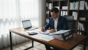 A photorealistic office setting depicting a professional accountant or business analyst in business attire, examining financial documents related to company compliance. In the foreground, a desk cluttered with neatly organized papers, a laptop displaying financial spreadsheets, and a calculator. In the middle ground, a large window floods the space with natural light, casting soft shadows and creating a warm atmosphere. Behind them, a bookshelf filled with financial textbooks and regulation guides, hinting at the complexities of maintaining a dormant company. The overall mood is focused and diligent, reflecting the importance of compliance in financial year processes. The scene is captured from a slightly elevated angle to emphasize the subject's concentration on the task.