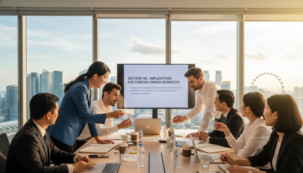 A photorealistic rendering of a business meeting in a modern, well-lit Singapore office, focusing on a diverse group of professionals discussing the impact of Section 10L on foreign-owned businesses. In the foreground, two individuals in professional business attire are analyzing documents, highlighting data and graphs with enthusiasm. The middle ground features a large conference table with laptops, notepads, and coffee cups scattered around. In the background, large windows reveal a panoramic view of Singapore's iconic skyline, symbolizing a global business hub. The lighting is bright and inviting, creating a dynamic atmosphere of collaboration and innovation. The angle should emphasize the interaction between the people and the urban setting, capturing a moment of urgency and opportunity in the context of corporate law.