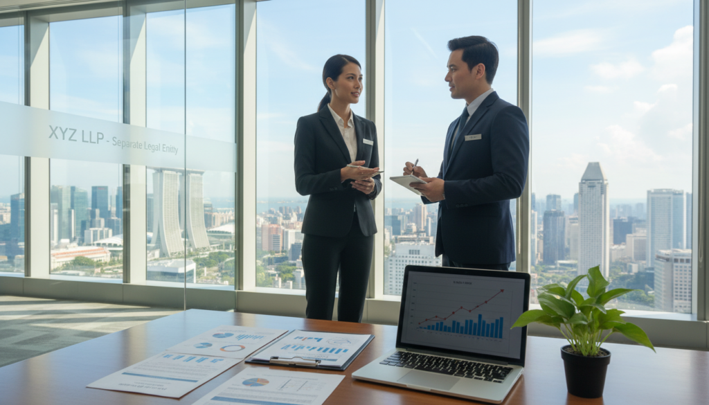 A photorealistic representation of a Limited Liability Partnership (LLP) concept in Singapore, featuring a modern office environment. In the foreground, include a sleek wooden desk with professional documents, a laptop displaying a graph, and a small potted plant for a touch of green. In the middle ground, place two business professionals in formal attire, engaged in discussion; one pointing to a document while the other takes notes. The background should showcase a city skyline view through large glass windows, with clear blue skies. Soft, natural lighting streaming through the windows, creating an inviting and productive atmosphere. The image should convey the professionalism and structure of an LLP as a separate legal entity. A photorealistic representation of a Limited Liability Partnership (LLP) concept in Singapore, featuring a modern office environment. In the foreground, include a sleek wooden desk with professional documents, a laptop displaying a graph, and a small potted plant for a touch of green. In the middle ground, place two business professionals in formal attire, engaged in discussion; one pointing to a document while the other takes notes. The background should showcase a city skyline view through large glass windows, with clear blue skies. Soft, natural lighting streaming through the windows, creating an inviting and productive atmosphere. The image should convey the professionalism and structure of an LLP as a separate legal entity.