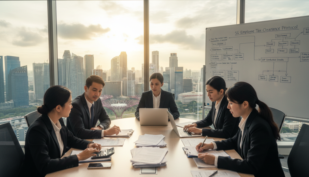 A photorealistic representation of a business scene illustrating employee tax clearance obligations in Singapore. In the foreground, a diverse group of professionals in business attire is engaged in a serious discussion around a conference table filled with paperwork, tax forms, and a calculator. The middle ground features a large window displaying the Singapore skyline with its iconic buildings bathed in soft morning sunlight, creating an atmosphere of focus and urgency. The background includes a whiteboard filled with notes and diagrams related to tax clearance processes. The mood is professional and cooperative, highlighting the importance of compliance during company closure. The angle captures the interaction and the detailed office environment, emphasizing a sense of responsibility and diligence in financial matters. A photorealistic representation of a business scene illustrating employee tax clearance obligations in Singapore. In the foreground, a diverse group of professionals in business attire is engaged in a serious discussion around a conference table filled with paperwork, tax forms, and a calculator. The middle ground features a large window displaying the Singapore skyline with its iconic buildings bathed in soft morning sunlight, creating an atmosphere of focus and urgency. The background includes a whiteboard filled with notes and diagrams related to tax clearance processes. The mood is professional and cooperative, highlighting the importance of compliance during company closure. The angle captures the interaction and the detailed office environment, emphasizing a sense of responsibility and diligence in financial matters.