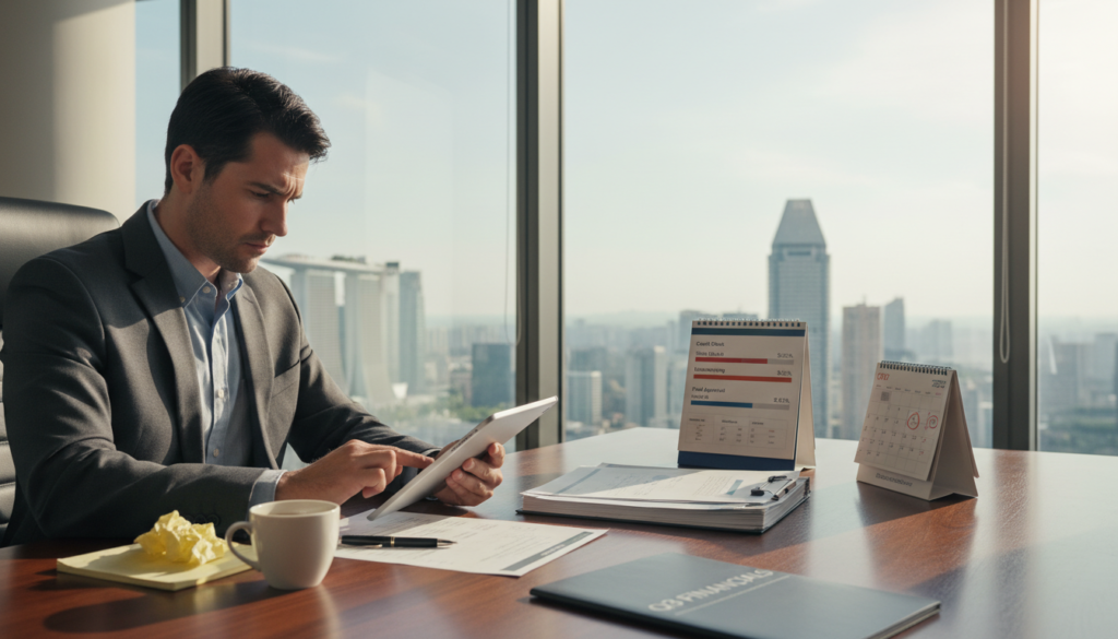 A photorealistic scene depicting a business professional in a modern office, focused intently on a digital device displaying a timeline for bank account approval processes. In the foreground, the professional, dressed in a tailored suit, is analyzing the screen, with notes and a cup of coffee nearby, suggesting concentration and urgency. The middle ground features a sleek desk cluttered with financial documents and a calendar, emphasizing the importance of timeframe verification. In the background, large windows let in natural light, illuminating the cityscape of Singapore, with skyscrapers that symbolize business growth and connectivity. Soft shadows create a warm, thoughtful atmosphere, illustrating the tension between waiting for approval and the aspiration for swift action.