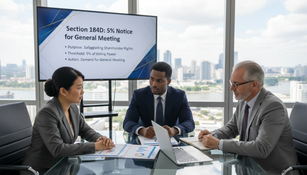 A photorealistic scene depicting a diverse group of professional individuals in a modern conference room. In the foreground, three businesspeople—a middle-aged Asian woman, a young Black man, and an older Caucasian man—are seated around a sleek, glass table, engaged in a serious discussion. On the table are documents with financial graphs and a laptop displaying shareholder data. The middle section features a large presentation screen highlighting the title "Section 184D: 5% Notice for General Meeting" with an elegant design. In the background, large windows let in natural light, revealing a city skyline, creating an atmosphere of professionalism and focus. The overall mood is serious yet collaborative, emphasizing the importance of shareholder rights and safeguards in a corporate environment.