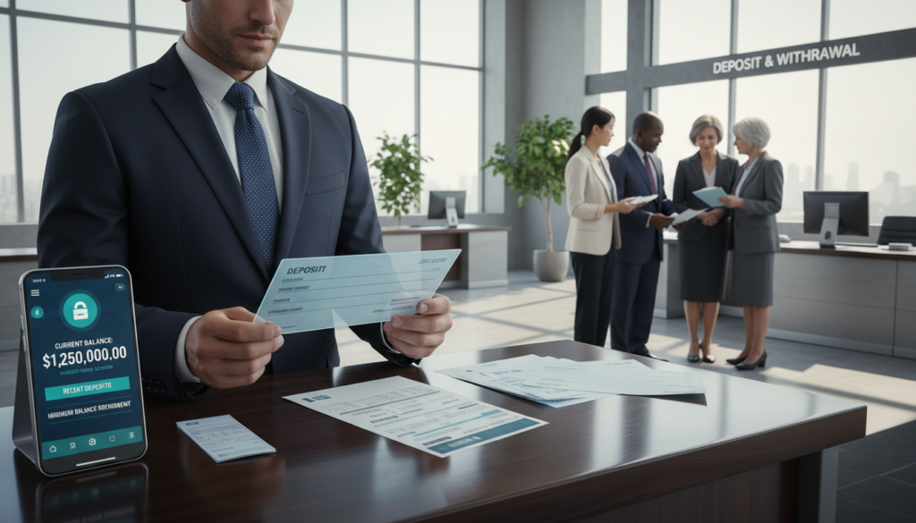 A photorealistic scene depicting a modern bank setting focused on the concept of deposits. In the foreground, a professional businessman in a tailored suit examines a sleek, transparent deposit slip on a polished wooden counter. Beside him, a smartphone displays banking app details. In the middle ground, a bank officer in professional attire assists a diverse group of business clients, showcasing a variety of documents and deposit checks. The background features a stylish bank interior with large windows allowing soft natural light to filter in, casting gentle shadows. The atmosphere is one of professionalism and trust, reflecting the importance of managing deposits and minimum balances in financial planning. The image should emphasize clarity and organization, encapsulating a sense of order and security in banking.