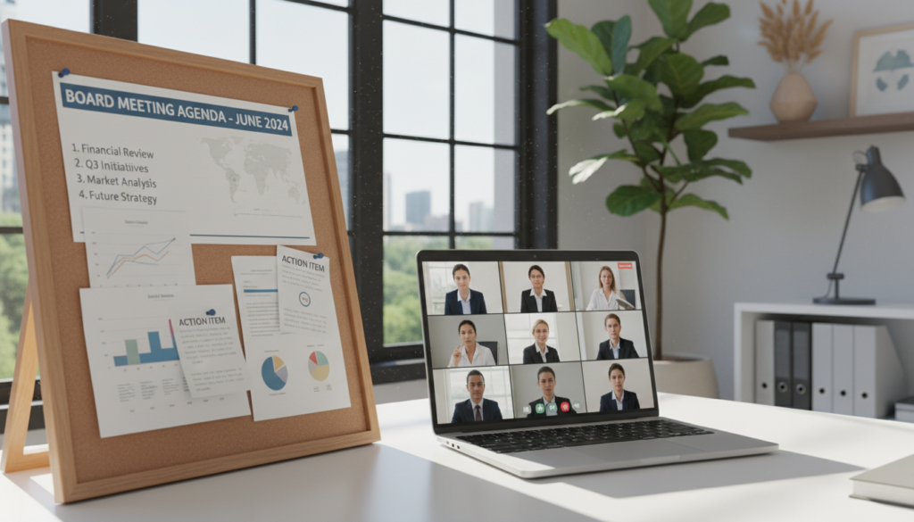 A photorealistic scene depicting a modern, well-organized workspace set up for a remote board meeting, emphasizing a notice board prominently displayed in the foreground, filled with neatly arranged notices and agendas. The middle layer features a sleek laptop open with a video conferencing application active, displaying professional participants in formal attire, attentively engaging in discussion. In the background, a large window lets in natural light, creating a warm atmosphere that enhances the productivity of the space. Plants and modern decor add a touch of elegance, reflecting professionalism and efficiency. The image is framed with a shallow depth of field, focusing on the notice board, while the gentle brightness maintains a calm and focused mood suitable for a business meeting.