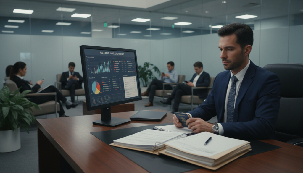A photorealistic scene depicting a professional bank setting focused on KYC (Know Your Customer) and AML (Anti-Money Laundering) checks. In the foreground, a well-dressed bank officer in a tailored suit is seated at a sleek wooden desk, reviewing documents with a serious expression. On the desk, there are forms and identification documents neatly arranged. The middle ground features a large computer screen displaying a digital dashboard with graphs and compliance metrics. In the background, a modern bank interior is visible with glass walls, a few customers waiting in a lounge area, and soft lighting creating a calm atmosphere. The angle is slightly elevated, emphasizing the diligent scrutiny involved in the banking process while maintaining a professional and formal mood.