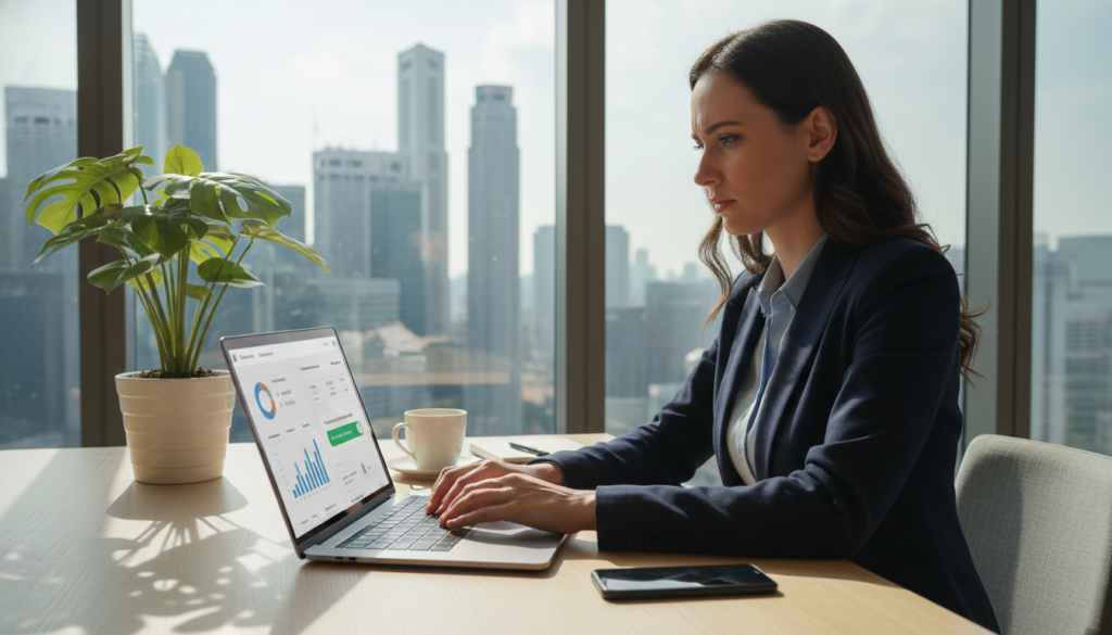 A photorealistic scene depicting a professional businesswoman seated at a modern desk, actively engaging with her laptop to perform online banking operations. In the foreground, the laptop screen displays a user-friendly online banking interface, with digital controls and graphs visibly illustrating account management features. In the middle ground, soft-focus office elements such as a stylish desk, a potted plant, and a sleek smartphone are present, enhancing the professional atmosphere. The background features large windows with a view of Singapore's skyline, allowing natural light to illuminate the workspace, casting gentle shadows. The mood is focused and productive, emphasizing the importance of setting up secure banking controls. A photorealistic scene depicting a professional businesswoman seated at a modern desk, actively engaging with her laptop to perform online banking operations. In the foreground, the laptop screen displays a user-friendly online banking interface, with digital controls and graphs visibly illustrating account management features. In the middle ground, soft-focus office elements such as a stylish desk, a potted plant, and a sleek smartphone are present, enhancing the professional atmosphere. The background features large windows with a view of Singapore's skyline, allowing natural light to illuminate the workspace, casting gentle shadows. The mood is focused and productive, emphasizing the importance of setting up secure banking controls.