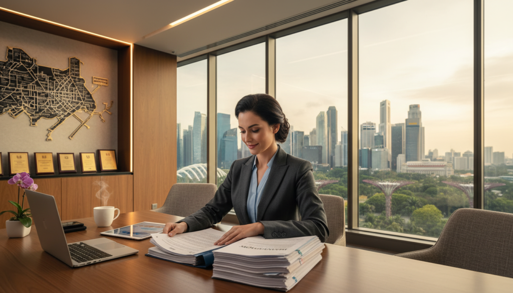 A photorealistic scene depicting a professional foreign entrepreneur in a modern office environment, showcasing their residency in Singapore. In the foreground, a confident individual dressed in tailored business attire, with a slight smile, is reviewing important documents on a sleek desk spread with paperwork and a laptop. In the middle ground, framed by large windows, lush greenery and the iconic Singapore skyline can be seen, providing context to the location. The background features elegant office decor, including a map of Singapore and awards, subtly hinting at achievements. The soft lighting enhances a warm, inviting atmosphere, conveying dedication and professionalism. The angle captures a dynamic view, emphasizing the entrepreneur's role in compliance and adaptation to local regulations.