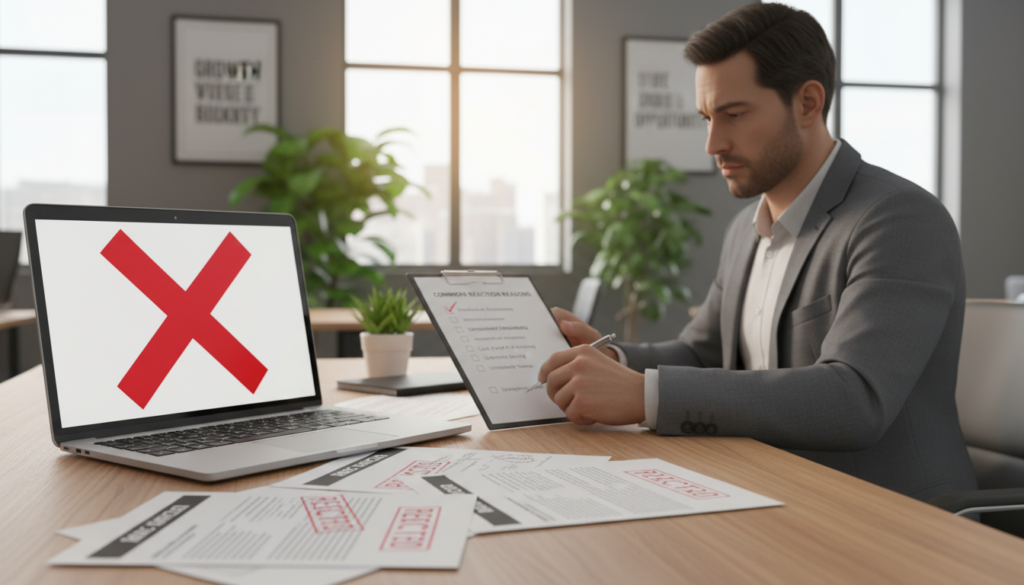 A photorealistic scene depicting a professional office workspace that symbolizes rejection reasons for remote applicants. In the foreground, a close-up view of a wooden desk with a laptop displaying a red "X" on the screen, alongside scattered documents marked with "Rejected" stamps. In the middle ground, a thoughtful individual in professional business attire, with a furrowed brow, reviews a checklist of common rejection reasons like “Insufficient documentation” and “Inconsistent information.” In the background, a blurred view of a contemporary office with soft lighting, plants, and motivational posters to create a balanced atmosphere of seriousness and professionalism. The overall mood is one of contemplation and clarity, emphasizing the challenges of remote banking applications.