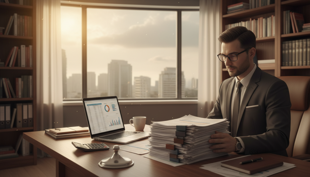 A photorealistic scene depicting an organized office workspace focused on pre-audit preparation for GST compliance. In the foreground, a well-dressed business professional, wearing a neat suit and glasses, is intensely reviewing a stack of neatly arranged financial documents and spreadsheets on a polished wooden desk. The middle ground features a laptop open with charts and graphs displayed on the screen, alongside a calculator and a cup of coffee. In the background, large windows allow natural light to fill the room, illuminating bookshelves filled with accounting manuals and reports. The atmosphere is calm and focused, emphasizing a sense of diligence and professionalism in preparing for an audit, with warm, inviting tones enhancing the overall mood.