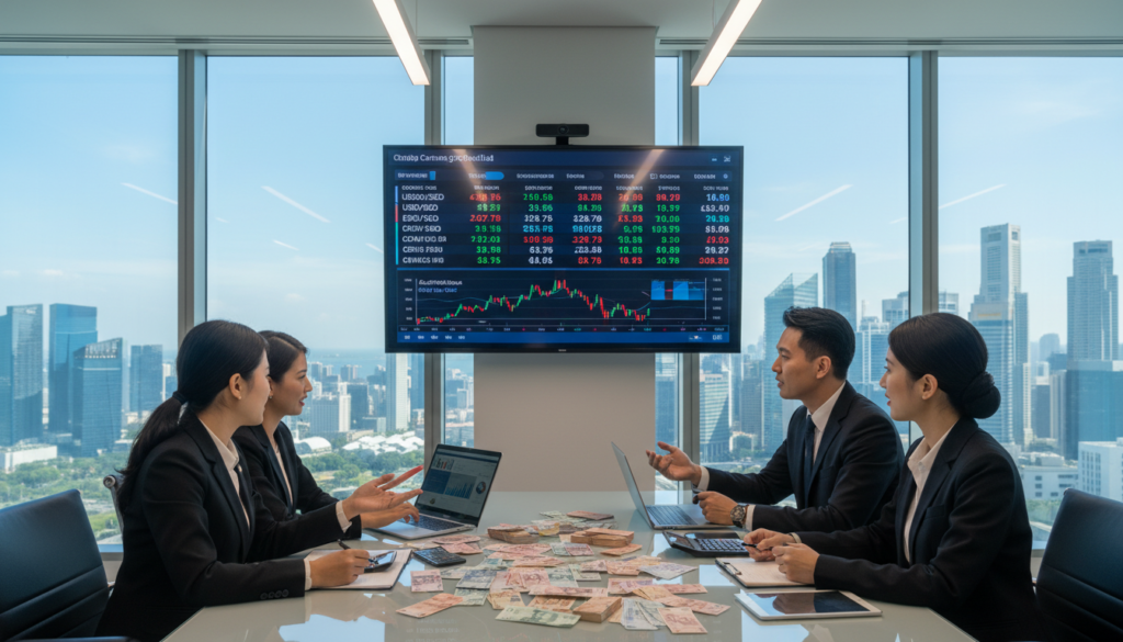 A photorealistic scene depicting currency specialist services in a modern financial office. In the foreground, a diverse group of two female and one male financial advisors, dressed in professional business attire, is engaged in a discussion around a sleek glass table filled with currency notes, calculators, and digital devices showing trading graphs. The middle layer captures a large screen displaying fluctuating currency exchange rates and investment analytics, illuminated by soft, ambient lighting. In the background, large windows show the iconic Singapore skyline, with clear skies creating a bright and optimistic mood. The overall atmosphere conveys professionalism, expertise, and innovation in currency management tailored for foreign entrepreneurs.