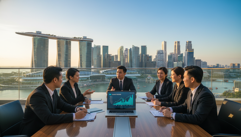 A photorealistic scene depicting the concept of foreign-sourced income in the context of Singapore's financial landscape. In the foreground, display a diverse group of professionals in business attire, engaged in a discussion around a sleek conference table, with a laptop open displaying financial graphs. In the middle ground, showcase a cityscape of Singapore, highlighting iconic skyscrapers like Marina Bay Sands, symbolizing a vibrant economy. The background should feature a clear blue sky, bathed in warm sunlight, creating an optimistic atmosphere. The lighting should be soft yet illuminating, capturing the professionalism of the setting. Use a wide-angle perspective to enhance the grandeur of the scene, evoking a sense of collaboration and innovation in financial matters. A photorealistic scene depicting the concept of foreign-sourced income in the context of Singapore's financial landscape. In the foreground, display a diverse group of professionals in business attire, engaged in a discussion around a sleek conference table, with a laptop open displaying financial graphs. In the middle ground, showcase a cityscape of Singapore, highlighting iconic skyscrapers like Marina Bay Sands, symbolizing a vibrant economy. The background should feature a clear blue sky, bathed in warm sunlight, creating an optimistic atmosphere. The lighting should be soft yet illuminating, capturing the professionalism of the setting. Use a wide-angle perspective to enhance the grandeur of the scene, evoking a sense of collaboration and innovation in financial matters.