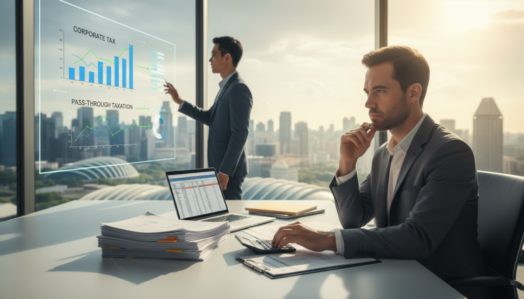 A photorealistic scene depicting the concept of taxation in Singapore, centered on a modern office setting. In the foreground, a professional in business attire is analyzing a set of financial documents on a sleek desk adorned with a calculator and a laptop, symbolizing corporate tax processes. In the middle ground, a blurred silhouette of a person presenting data on a large digital screen, showcasing charts and graphs that illustrate corporate tax versus pass-through taxation. The background features a panoramic view of Singapore's skyline through a large window, allowing natural light to flood the room, creating a bright and optimistic atmosphere. The mood is professional and contemplative, emphasizing the importance of understanding taxation in business.