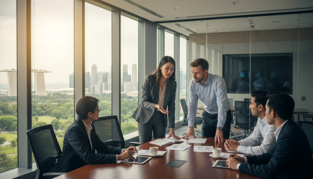 A photorealistic scene of a diverse group of professional individuals in an office setting, embodying the role of a local director in Singapore. In the foreground, an Asian woman in a tailored business suit confidently gestures while discussing with a Caucasian man in a smart casual outfit, brainstorming over documents on a sleek conference table. The middle ground showcases a modern office with large windows revealing a skyline of Singapore, filled with skyscrapers and greenery. The background features a well-organized meeting room with contemporary decor, soft natural light illuminating the scene, creating a warm and collaborative atmosphere. The focus should capture professionalism and teamwork, highlighting local director options in a supportive environment. A photorealistic scene of a diverse group of professional individuals in an office setting, embodying the role of a local director in Singapore. In the foreground, an Asian woman in a tailored business suit confidently gestures while discussing with a Caucasian man in a smart casual outfit, brainstorming over documents on a sleek conference table. The middle ground showcases a modern office with large windows revealing a skyline of Singapore, filled with skyscrapers and greenery. The background features a well-organized meeting room with contemporary decor, soft natural light illuminating the scene, creating a warm and collaborative atmosphere. The focus should capture professionalism and teamwork, highlighting local director options in a supportive environment.